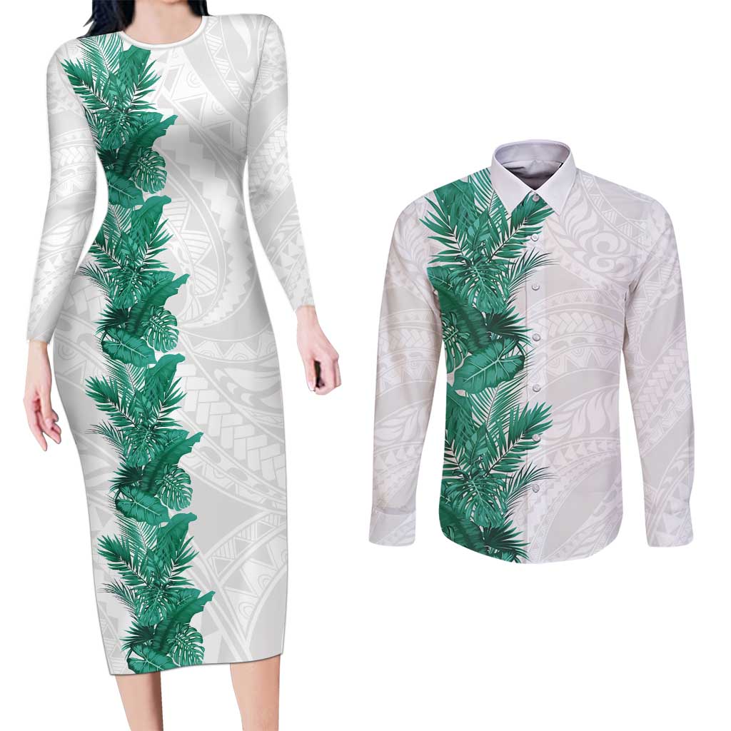 Hawaii Tropical Leaves Couples Matching Long Sleeve Bodycon Dress and Long Sleeve Button Shirt Polynesian Pattern