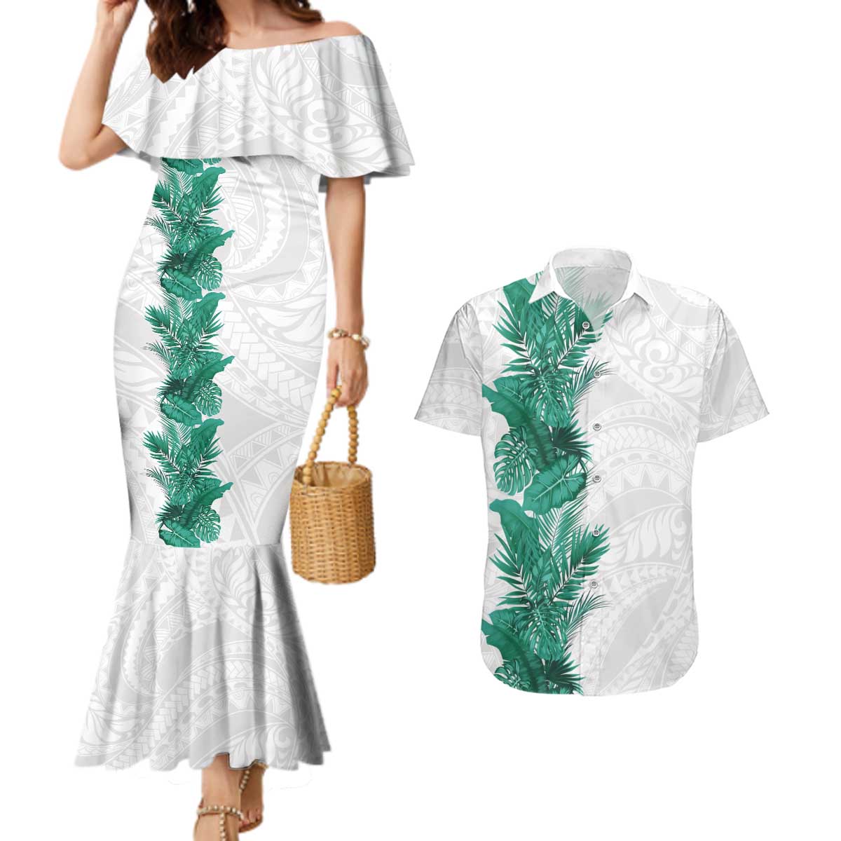 Hawaii Tropical Leaves Couples Matching Mermaid Dress and Hawaiian Shirt Polynesian Pattern