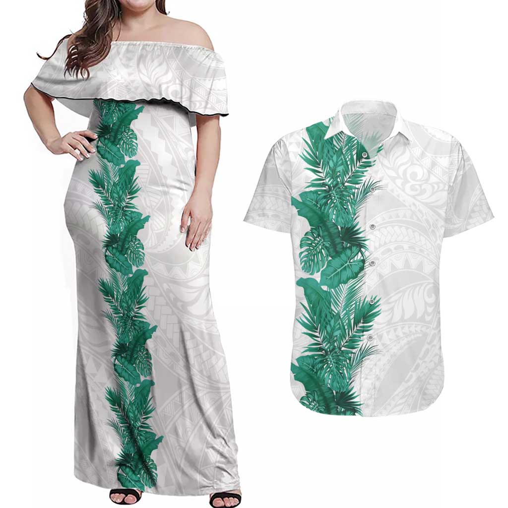 Hawaii Tropical Leaves Couples Matching Off Shoulder Maxi Dress and Hawaiian Shirt Polynesian Pattern