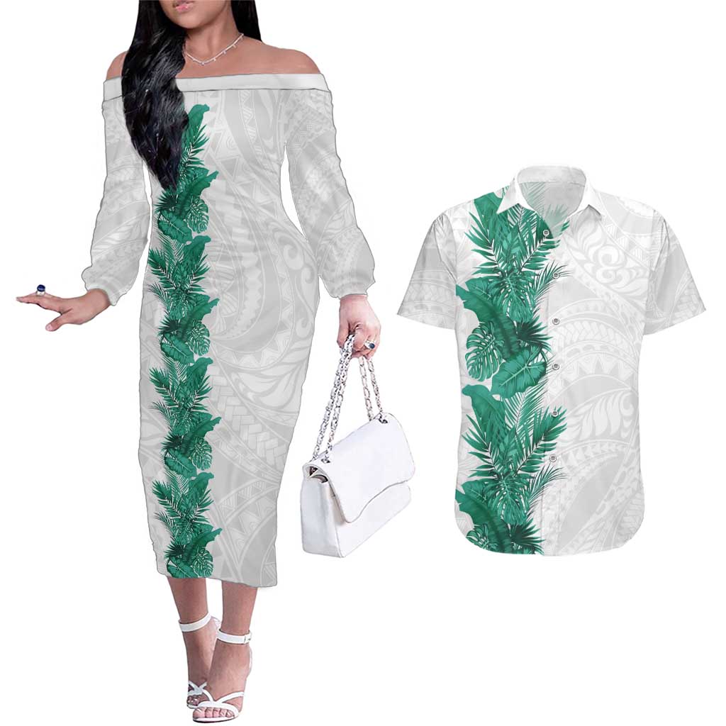 Hawaii Tropical Leaves Couples Matching Off The Shoulder Long Sleeve Dress and Hawaiian Shirt Polynesian Pattern
