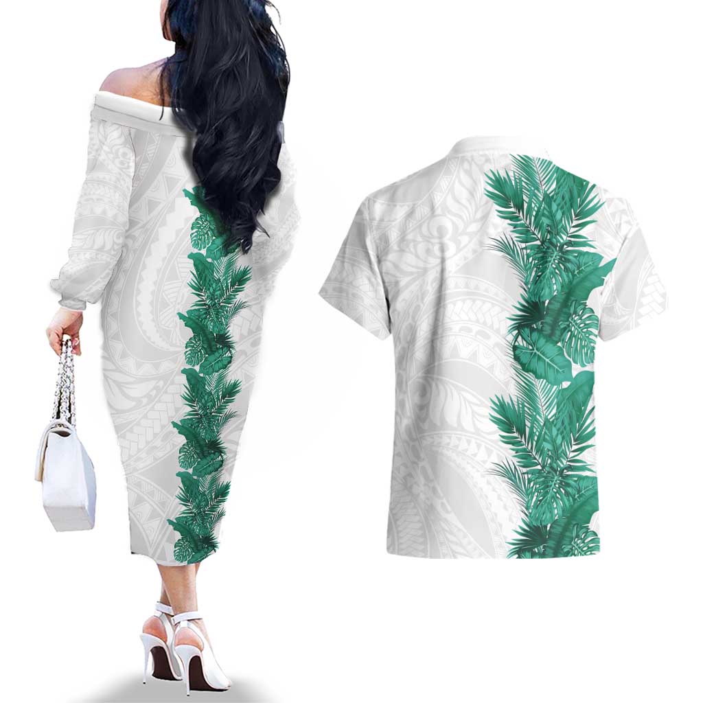 Hawaii Tropical Leaves Couples Matching Off The Shoulder Long Sleeve Dress and Hawaiian Shirt Polynesian Pattern