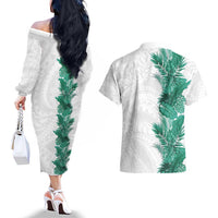 Hawaii Tropical Leaves Couples Matching Off The Shoulder Long Sleeve Dress and Hawaiian Shirt Polynesian Pattern