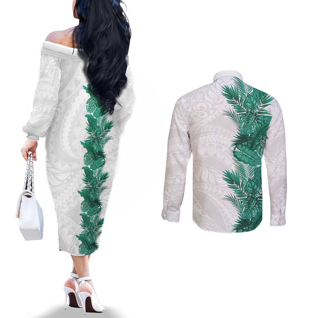 Hawaii Tropical Leaves Couples Matching Off The Shoulder Long Sleeve Dress and Long Sleeve Button Shirt Polynesian Pattern