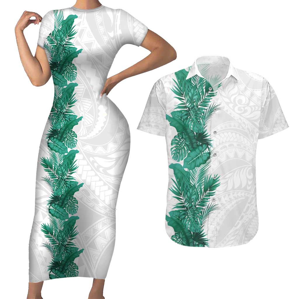 Hawaii Tropical Leaves Couples Matching Short Sleeve Bodycon Dress and Hawaiian Shirt Polynesian Pattern