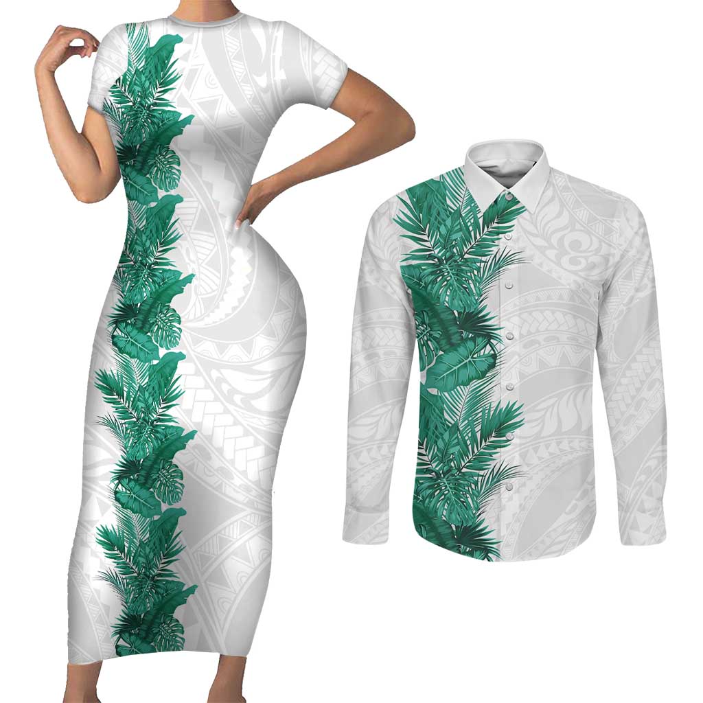 Hawaii Tropical Leaves Couples Matching Short Sleeve Bodycon Dress and Long Sleeve Button Shirt Polynesian Pattern