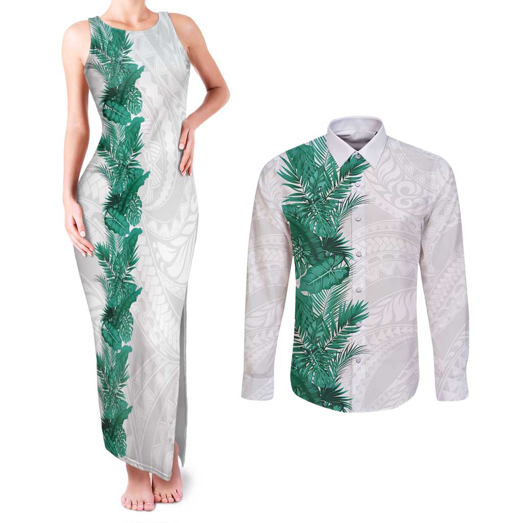 Hawaii Tropical Leaves Couples Matching Tank Maxi Dress and Long Sleeve Button Shirt Polynesian Pattern