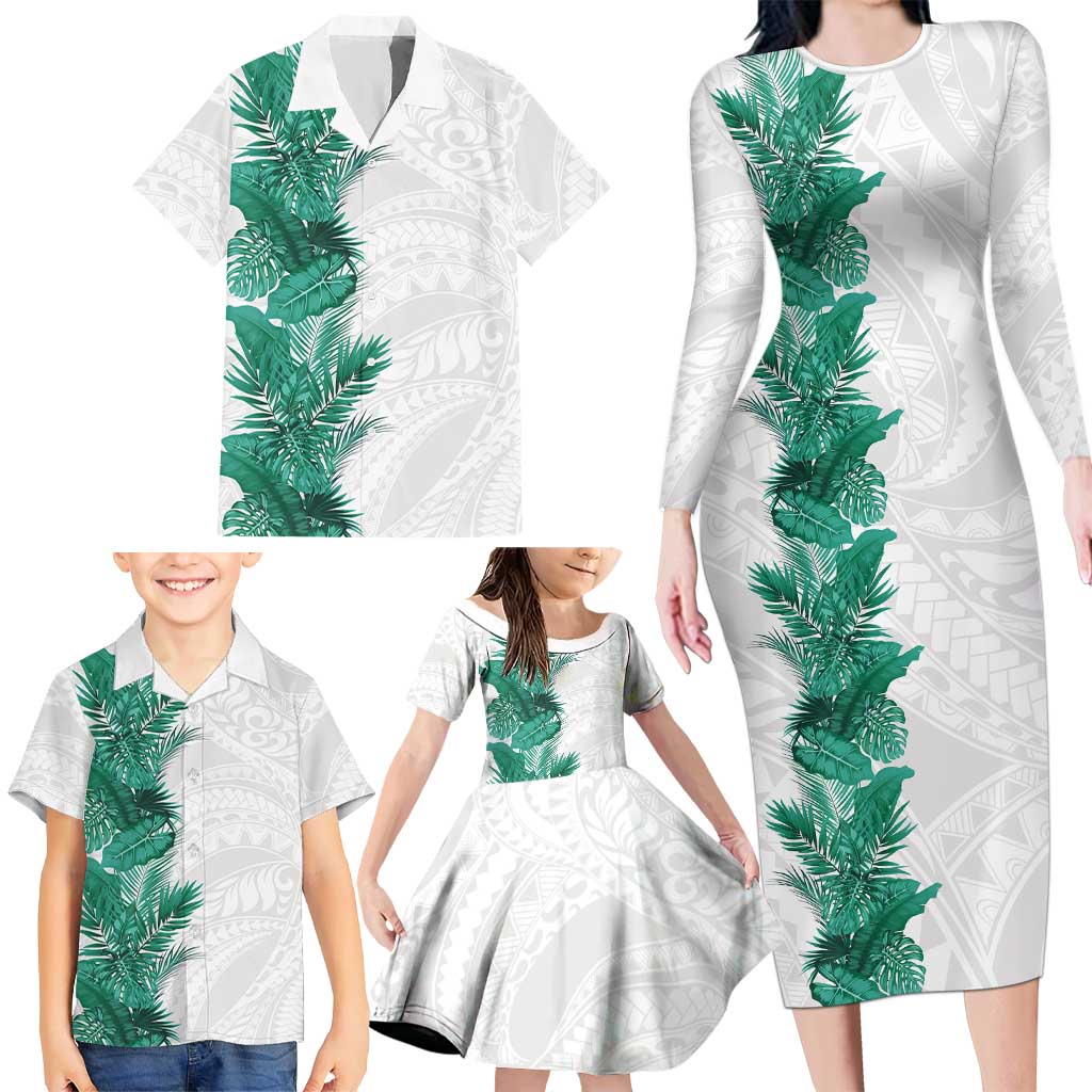 Hawaii Tropical Leaves Family Matching Long Sleeve Bodycon Dress and Hawaiian Shirt Polynesian Pattern