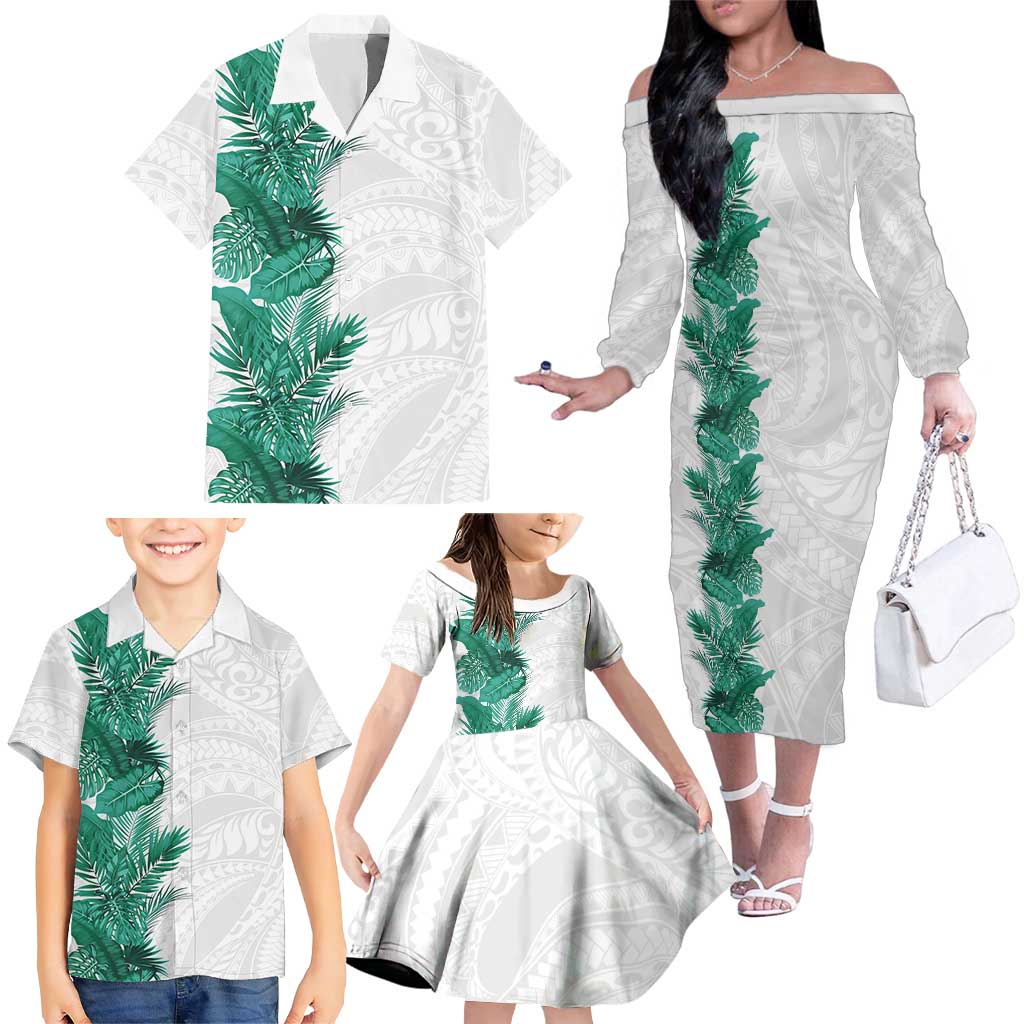 Hawaii Tropical Leaves Family Matching Off The Shoulder Long Sleeve Dress and Hawaiian Shirt Polynesian Pattern