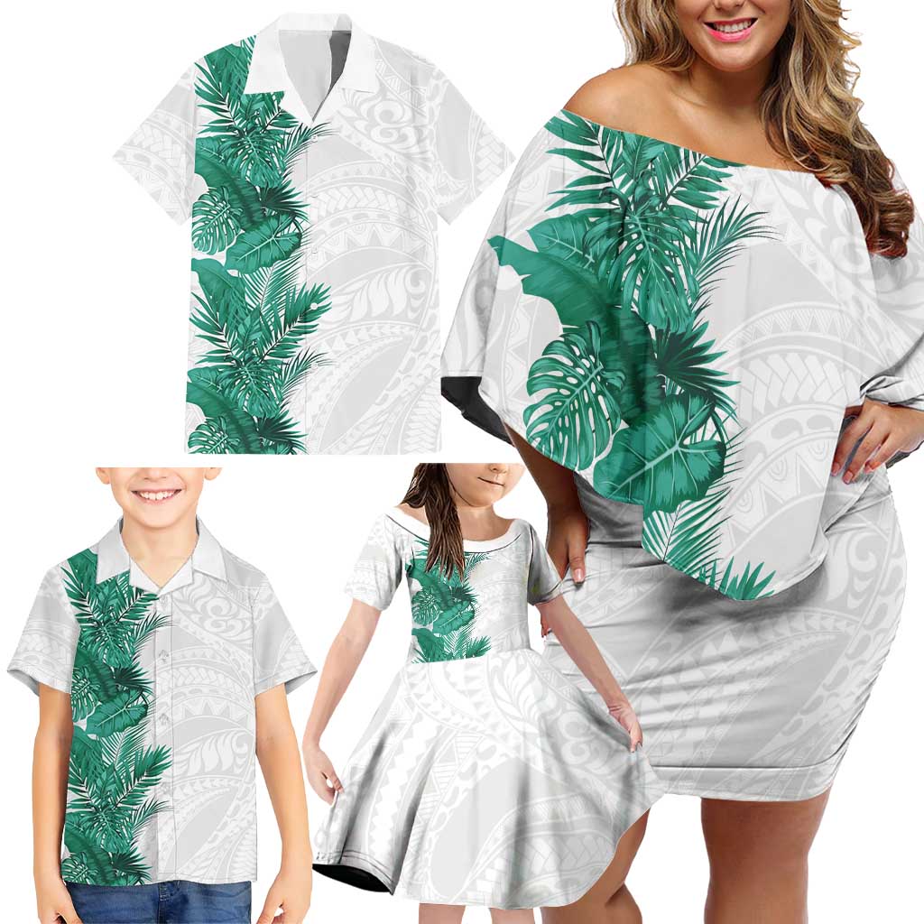 Hawaii Tropical Leaves Family Matching Off Shoulder Short Dress and Hawaiian Shirt Polynesian Pattern