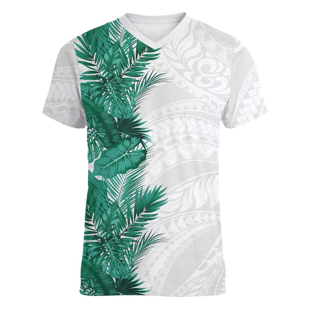 Hawaii Tropical Leaves Women V-Neck T-Shirt Polynesian Pattern