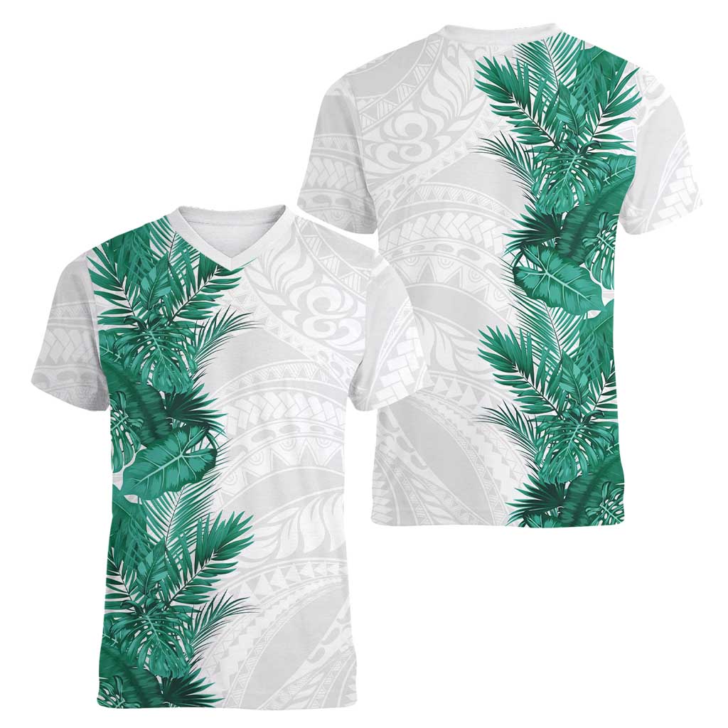 Hawaii Tropical Leaves Women V-Neck T-Shirt Polynesian Pattern