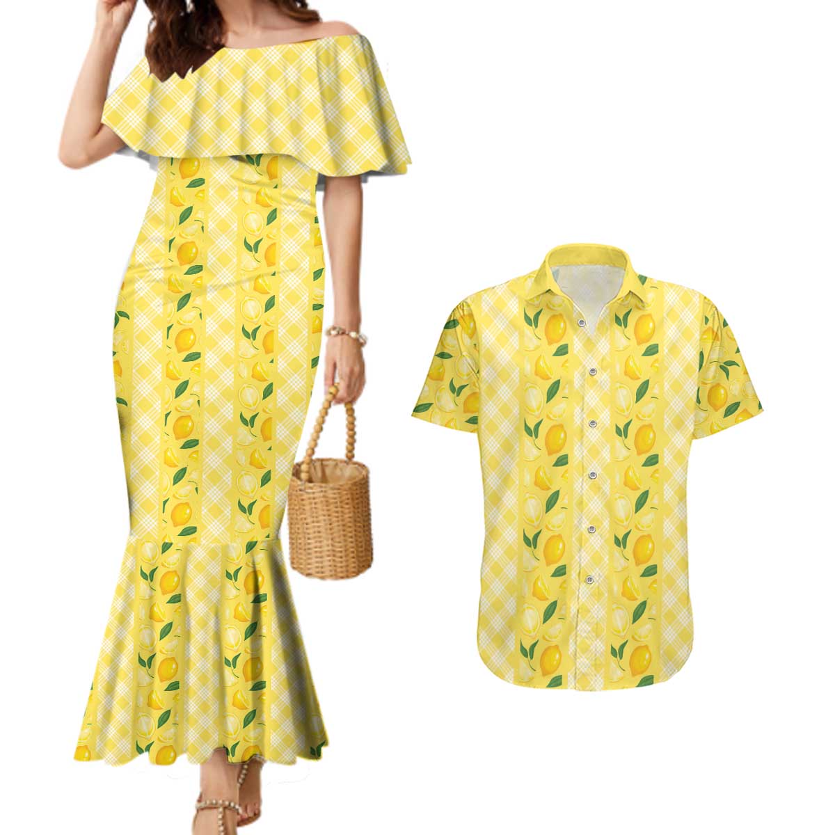 Hawaii Lemon Palaka Couples Matching Mermaid Dress and Hawaiian Shirt Striped Stylized