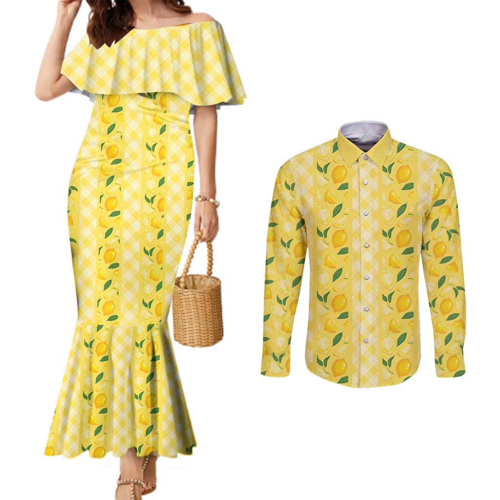 Hawaii Lemon Palaka Couples Matching Mermaid Dress and Long Sleeve Button Shirt Striped Stylized