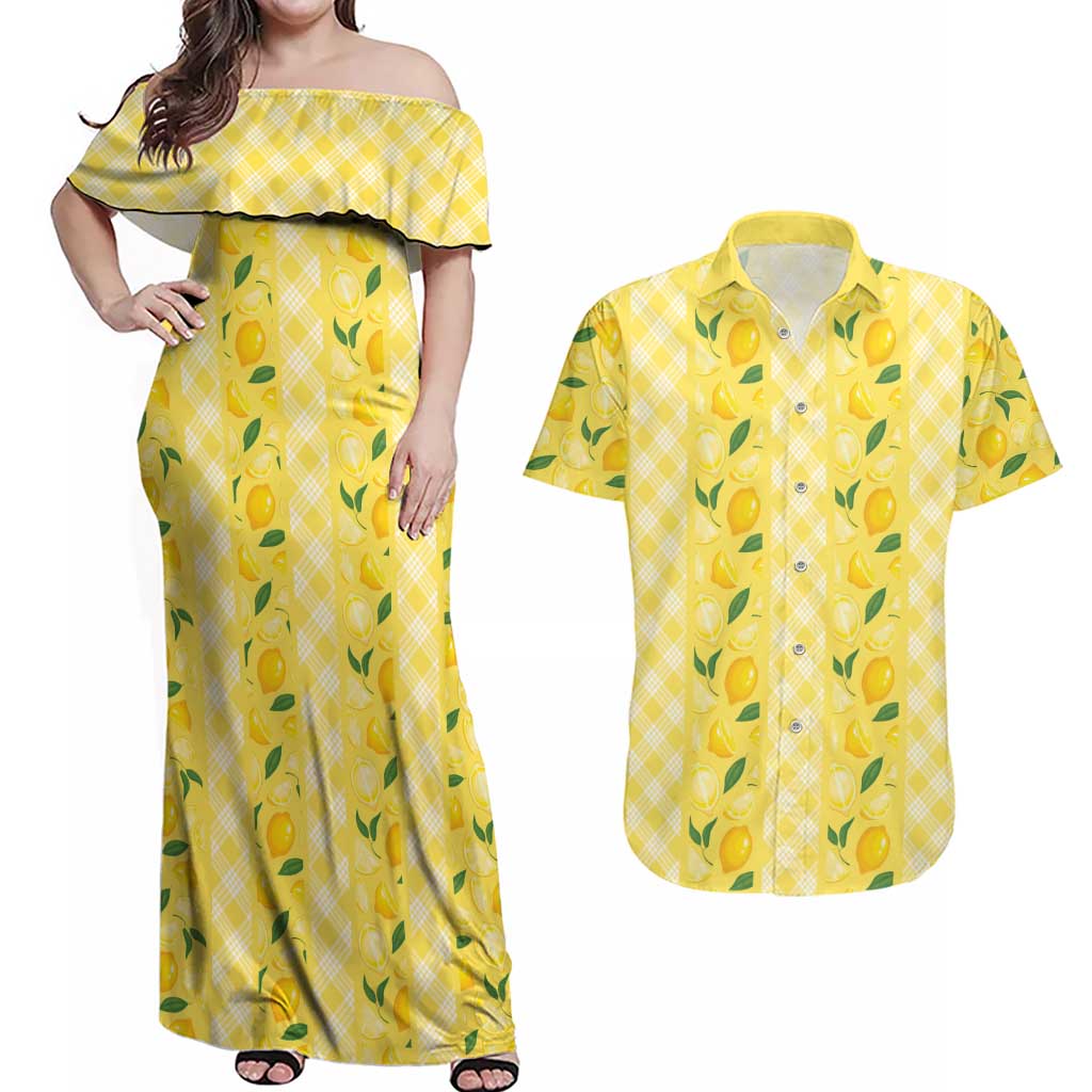 Hawaii Lemon Palaka Couples Matching Off Shoulder Maxi Dress and Hawaiian Shirt Striped Stylized