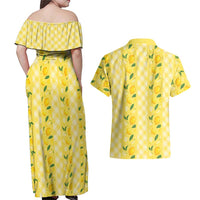 Hawaii Lemon Palaka Couples Matching Off Shoulder Maxi Dress and Hawaiian Shirt Striped Stylized