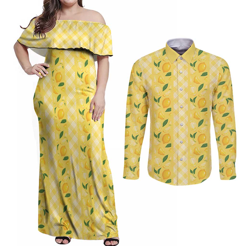Hawaii Lemon Palaka Couples Matching Off Shoulder Maxi Dress and Long Sleeve Button Shirt Striped Stylized