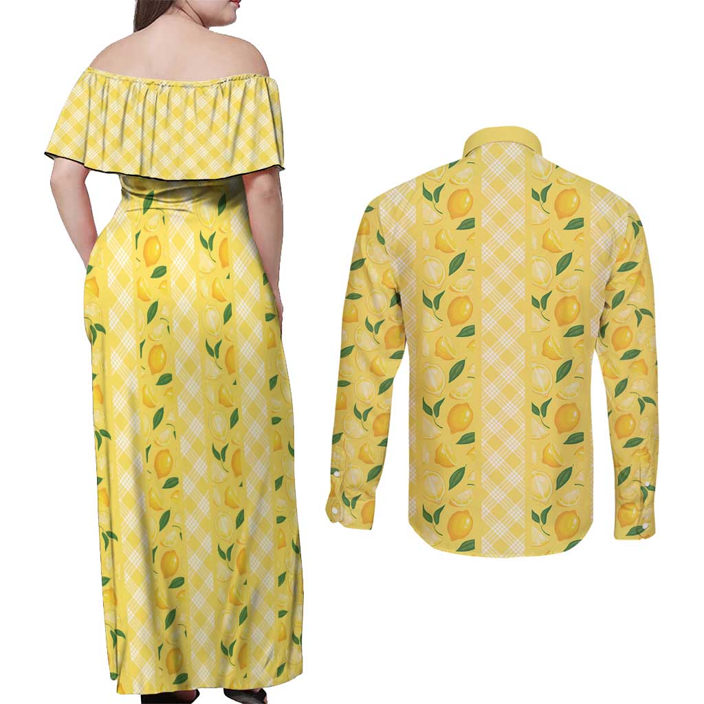 Hawaii Lemon Palaka Couples Matching Off Shoulder Maxi Dress and Long Sleeve Button Shirt Striped Stylized