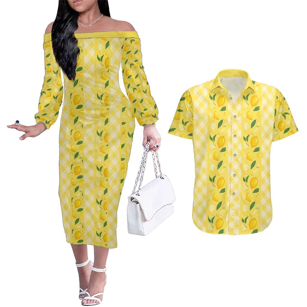 Hawaii Lemon Palaka Couples Matching Off The Shoulder Long Sleeve Dress and Hawaiian Shirt Striped Stylized LT01 Yellow - Polynesian Pride