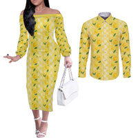 Hawaii Lemon Palaka Couples Matching Off The Shoulder Long Sleeve Dress and Long Sleeve Button Shirt Striped Stylized