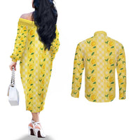 Hawaii Lemon Palaka Couples Matching Off The Shoulder Long Sleeve Dress and Long Sleeve Button Shirt Striped Stylized