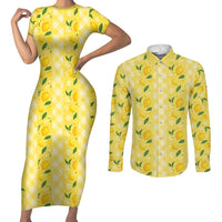 Hawaii Lemon Palaka Couples Matching Short Sleeve Bodycon Dress and Long Sleeve Button Shirt Striped Stylized