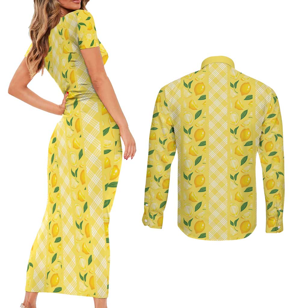 Hawaii Lemon Palaka Couples Matching Short Sleeve Bodycon Dress and Long Sleeve Button Shirt Striped Stylized
