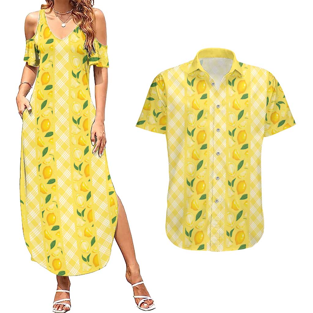Hawaii Lemon Palaka Couples Matching Summer Maxi Dress and Hawaiian Shirt Striped Stylized