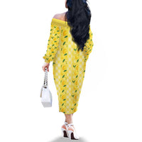 Hawaii Lemon Palaka Family Matching Off The Shoulder Long Sleeve Dress and Hawaiian Shirt Striped Stylized