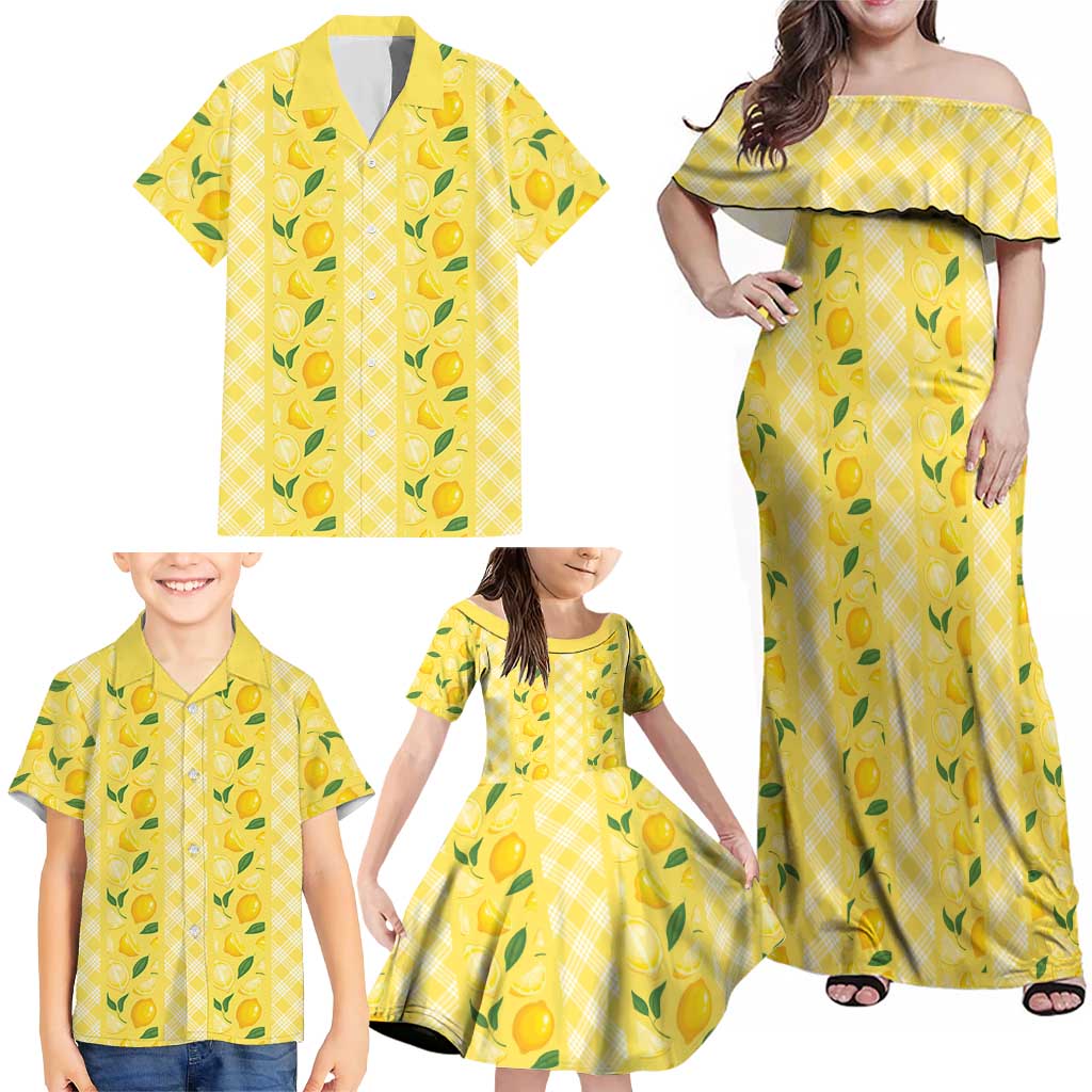 Hawaii Lemon Palaka Family Matching Off Shoulder Maxi Dress and Hawaiian Shirt Striped Stylized