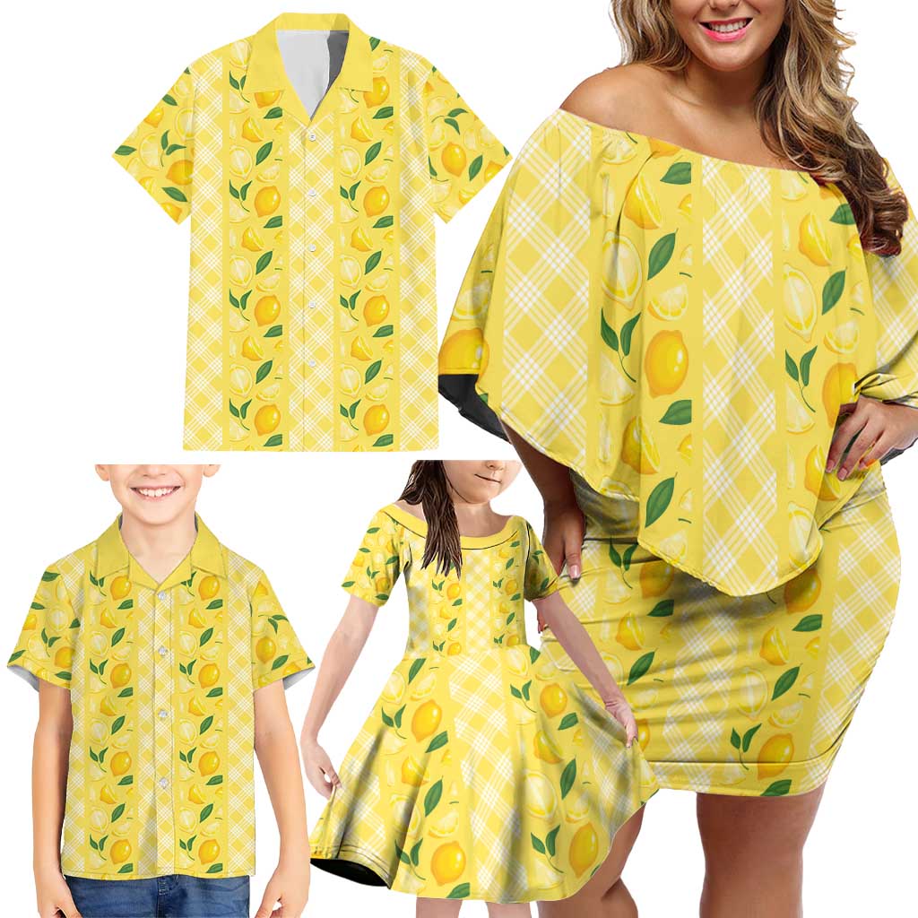Hawaii Lemon Palaka Family Matching Off Shoulder Short Dress and Hawaiian Shirt Striped Stylized