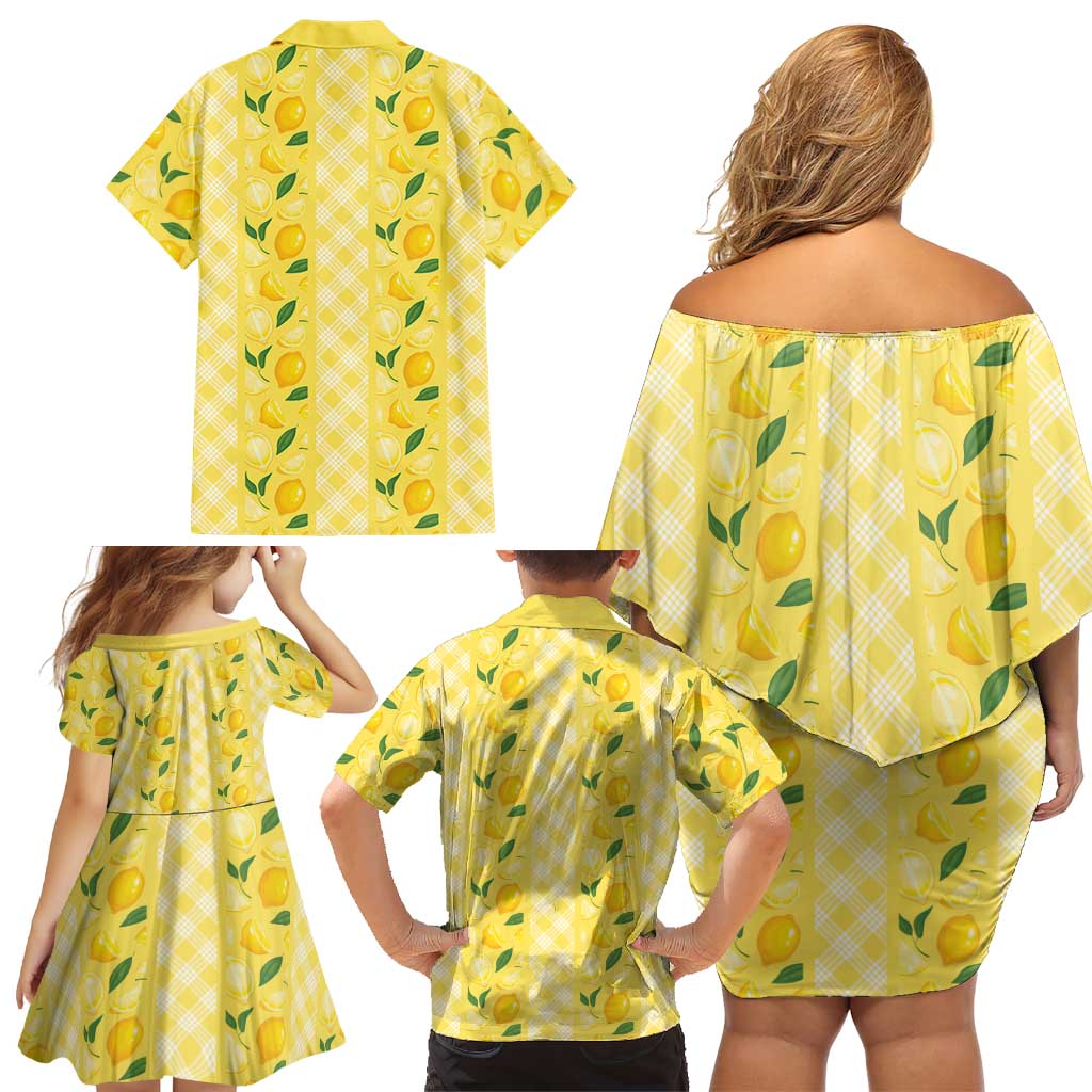 Hawaii Lemon Palaka Family Matching Off Shoulder Short Dress and Hawaiian Shirt Striped Stylized