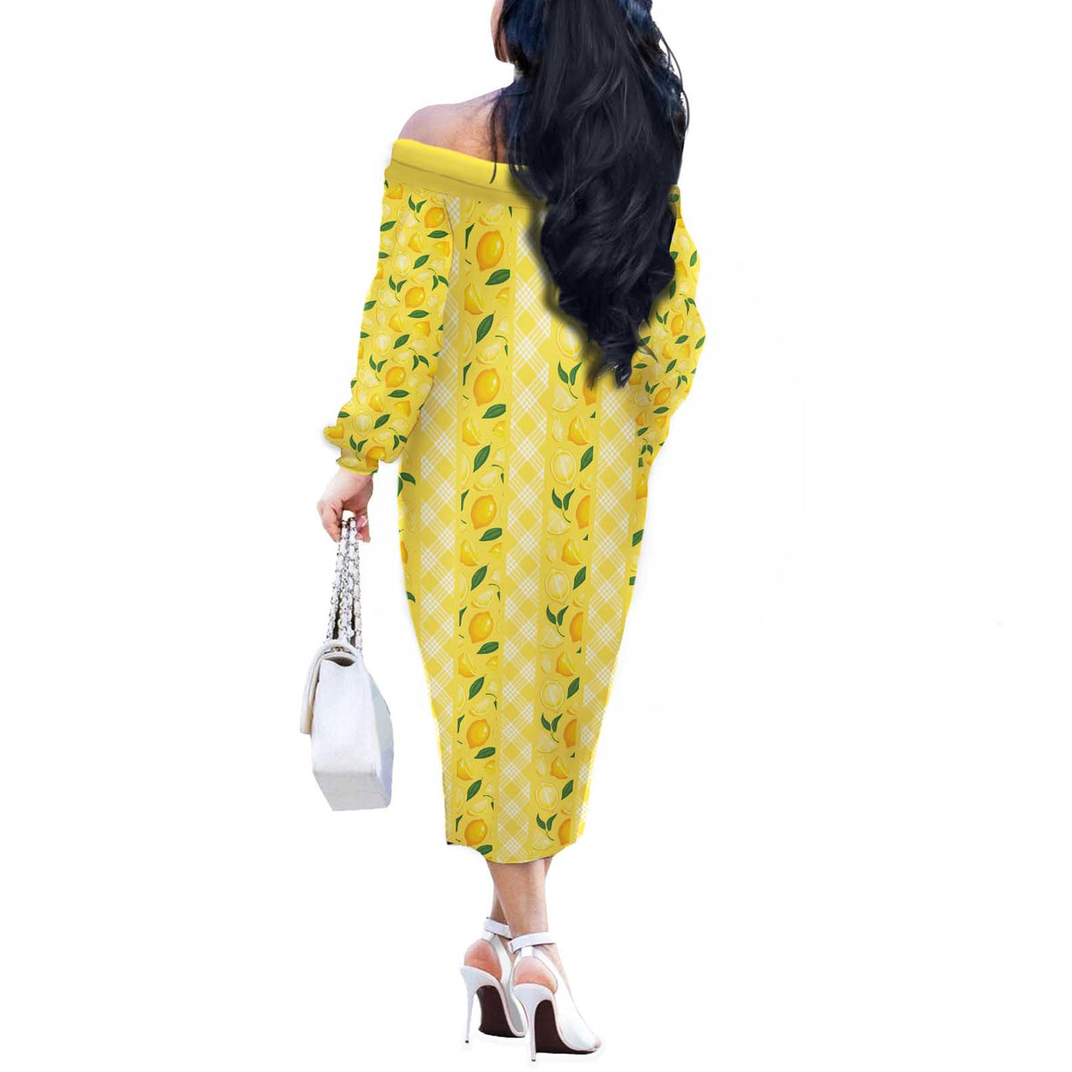 Hawaii Lemon Palaka Off The Shoulder Long Sleeve Dress Striped Stylized