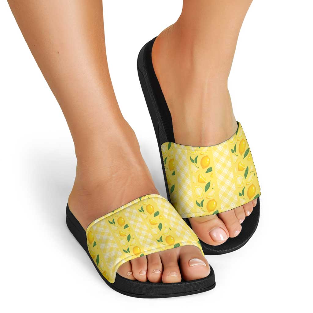 Hawaii Lemon Palaka Slide Sandals Striped Stylized