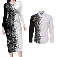 Hawaii Tropical Plant Monochrome Couples Matching Long Sleeve Bodycon Dress and Long Sleeve Button Shirt Vibrant Polynesian Pattern LT01 Black - Polynesian Pride