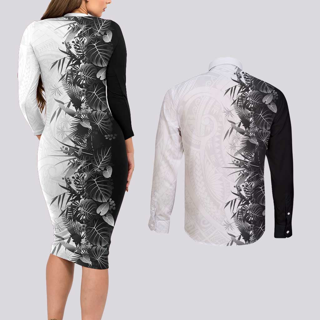 Hawaii Tropical Plant Monochrome Couples Matching Long Sleeve Bodycon Dress and Long Sleeve Button Shirt Vibrant Polynesian Pattern LT01 - Polynesian Pride