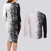 Hawaii Tropical Plant Monochrome Couples Matching Long Sleeve Bodycon Dress and Long Sleeve Button Shirt Vibrant Polynesian Pattern LT01 - Polynesian Pride