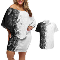 Hawaii Tropical Plant Monochrome Couples Matching Off Shoulder Short Dress and Hawaiian Shirt Vibrant Polynesian Pattern LT01 Black - Polynesian Pride