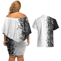 Hawaii Tropical Plant Monochrome Couples Matching Off Shoulder Short Dress and Hawaiian Shirt Vibrant Polynesian Pattern LT01 - Polynesian Pride