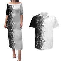 Hawaii Tropical Plant Monochrome Couples Matching Puletasi and Hawaiian Shirt Vibrant Polynesian Pattern