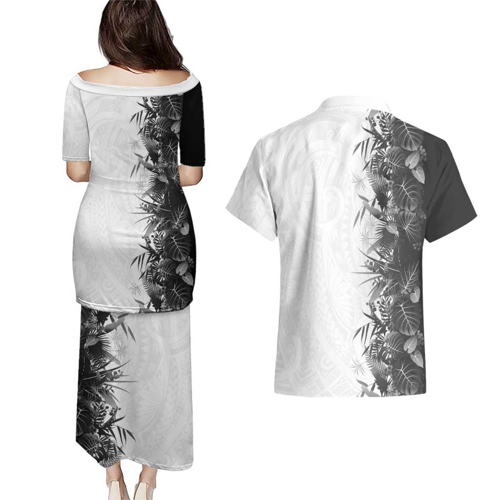 Hawaii Tropical Plant Monochrome Couples Matching Puletasi and Hawaiian Shirt Vibrant Polynesian Pattern