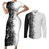 Hawaii Tropical Plant Monochrome Couples Matching Short Sleeve Bodycon Dress and Long Sleeve Button Shirt Vibrant Polynesian Pattern LT01 Black - Polynesian Pride