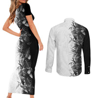 Hawaii Tropical Plant Monochrome Couples Matching Short Sleeve Bodycon Dress and Long Sleeve Button Shirt Vibrant Polynesian Pattern LT01 - Polynesian Pride
