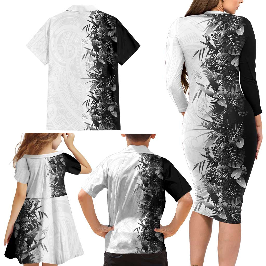Hawaii Tropical Plant Monochrome Family Matching Long Sleeve Bodycon Dress and Hawaiian Shirt Vibrant Polynesian Pattern