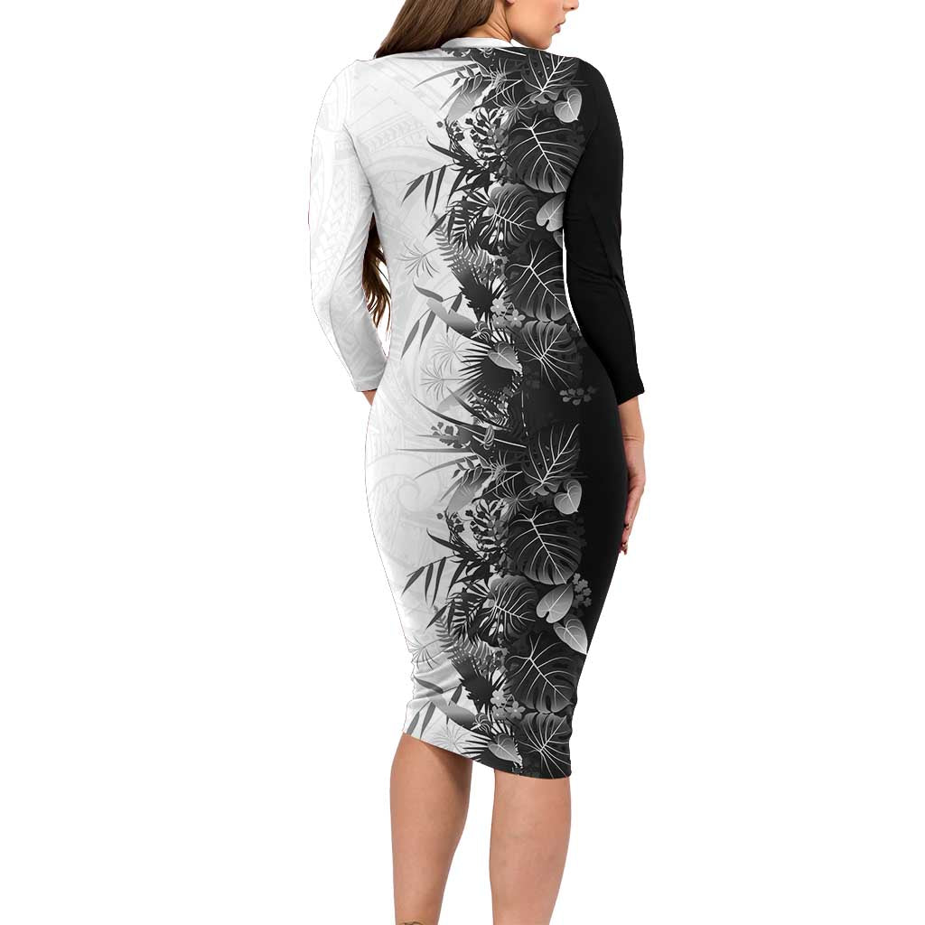 Hawaii Tropical Plant Monochrome Family Matching Long Sleeve Bodycon Dress and Hawaiian Shirt Vibrant Polynesian Pattern