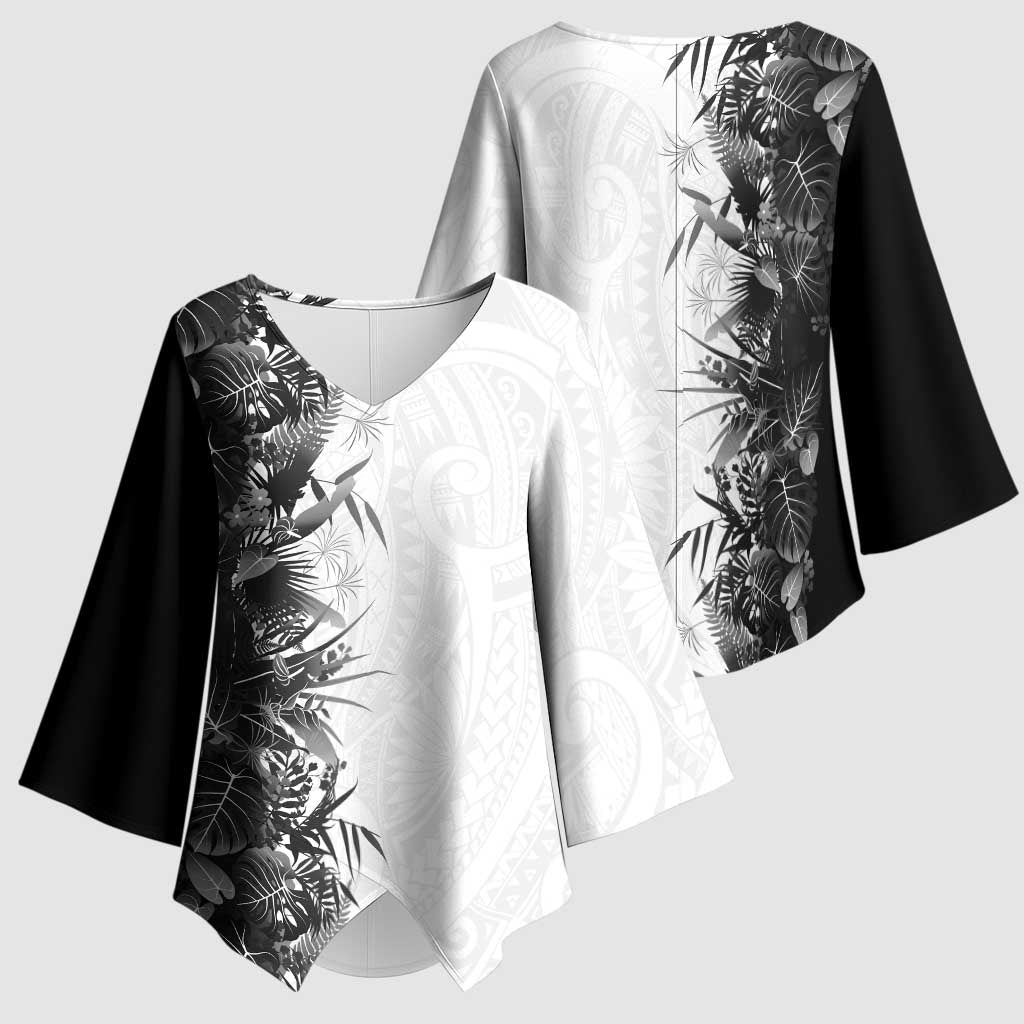 Hawaii Tropical Plant Monochrome Kimono Sleeve Blouse Vibrant Polynesian Pattern