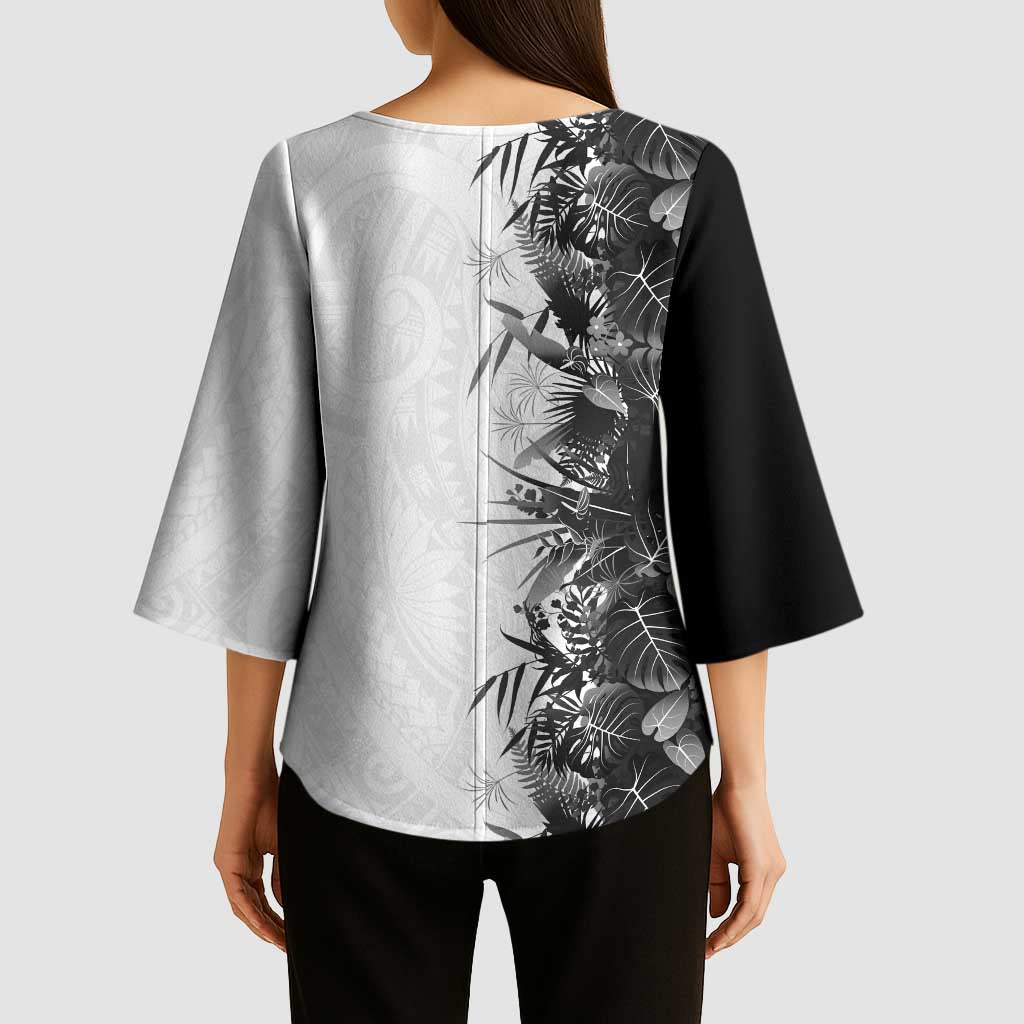 Hawaii Tropical Plant Monochrome Kimono Sleeve Blouse Vibrant Polynesian Pattern