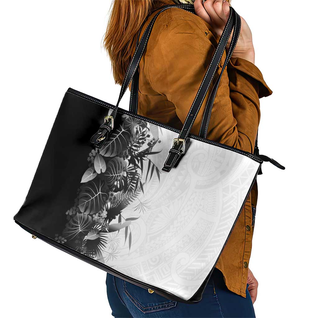 Hawaii Tropical Plant Monochrome Leather Tote Bag Vibrant Polynesian Pattern