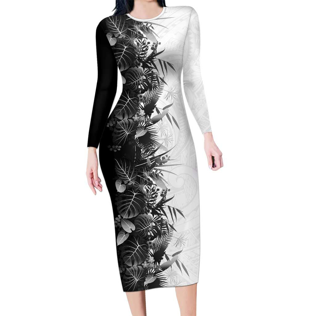 Hawaii Tropical Plant Monochrome Long Sleeve Bodycon Dress Vibrant Polynesian Pattern LT01 Long Dress Black - Polynesian Pride