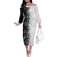 Hawaii Tropical Plant Monochrome Off The Shoulder Long Sleeve Dress Vibrant Polynesian Pattern LT01 Women Black - Polynesian Pride