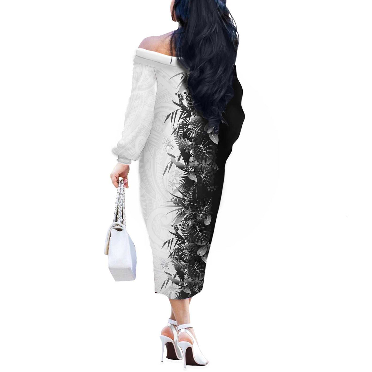 Hawaii Tropical Plant Monochrome Off The Shoulder Long Sleeve Dress Vibrant Polynesian Pattern LT01 - Polynesian Pride